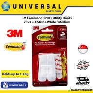 [SG SHOP SELLER] 3M Command 17001ANZ Utility Hooks 2 Pcs + 4 Strips- White / Medium / Holds Up to 1.3kg / Holds Strongly