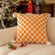 Christmas Plush Checkered Cushion Cover 45x45cm with Pom Pom Fringe Soft Festive Holiday Home Decor 