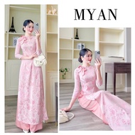 Modern, traditional ao dai with damask and pink round neck bow, teacher's ao dai, hot trend 2025 ao 