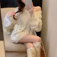 ♣Sweater wanita berlubang koyak angin malas memakai luar longgar lindung nilai atasan baju sejuk rajutan retro Jepun mus