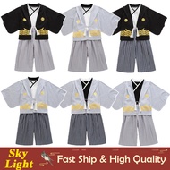 Japanese Kimono Costume Set For Kids Boy Black Gray Summer Casual Outfits Yukata Haori Coat Vest Pan