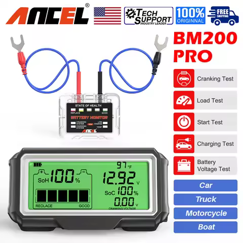 ANCEL BM200 PRO Battery Tester 12V LED Monitor Display Professional Battery Health SOH SOC Tester An
