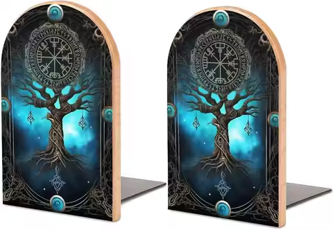 2 PCS Wood Book Ends, Tree of Life Viking Non Skid Bookends for Shelves - 5x3 Inch