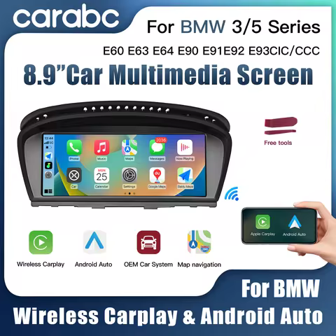 CARABC Android Auto, Wireless Carplay 8.9-calowa nawigacja samochodowa dla BMW 3 5 Series E60/E63/E6