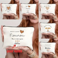 1pc Custom Name French "Merci De M'aimer" & "Super Nounou" Floral Print Makeup Bag - Lightweight Fol