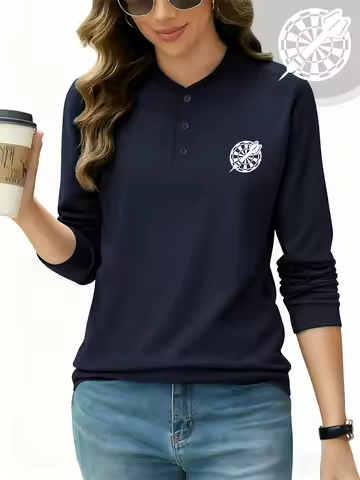 Darts Master Prints Women Henley Shirt Cotton Autumn Sporty Golf Shirts Warm Base Layer Tops Basic L
