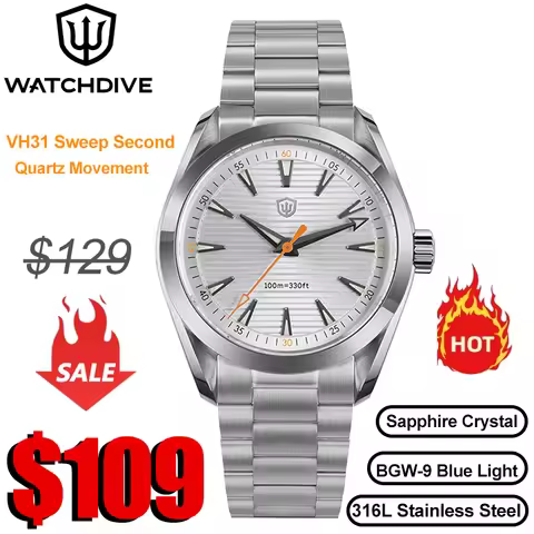 Watchdives WD0006 Vintage Watch VH31 Sweep Second Movement Domed Sapphire Crystal Luminous 10Bar Wat