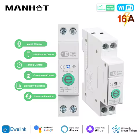 Ewelink 1P+N 16A WIFI Smart Circuit Breaker MCB Timer Relay Switch Energy Meter kWh Voltage Current 