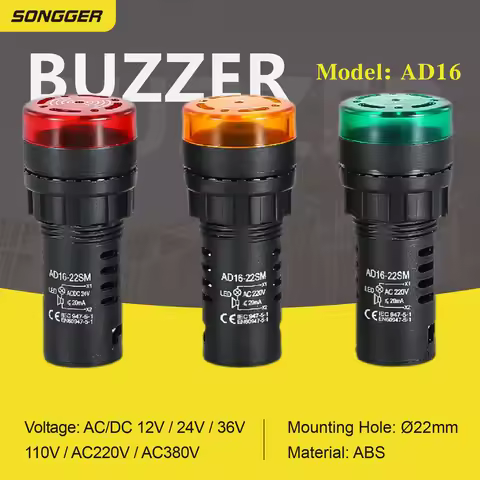 AD16-22SM 22mm LED Indicator Light with Buzzer Alarm, AC/DC 12V 24V 110V 220V, Flashing Signal Lamp 
