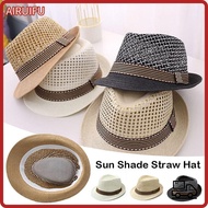 AIRUIFU Straw Fedora Hat, Breathable Short Brim Sun Cap,  Trilby Straw Sun Hat Man