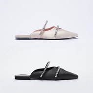Zara2023 Summer New Style TRF Women's Shoes Light Pink Asian Limited Rhinestone Flat Half Slippers Women Muller Shoes