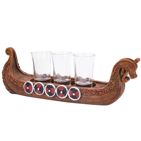 Viking Ship with Shot Glasses Glass Holder 3 Piece Set New Viking Dragon Longship Shotglass Shooter