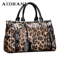 Aidrani กระเป๋าพิมพ์ลายเสือดาวแฟชั่นผู้หญิงกระเป๋าถือแบบพกพาหนังวัวแท้บอสตัน Q1325