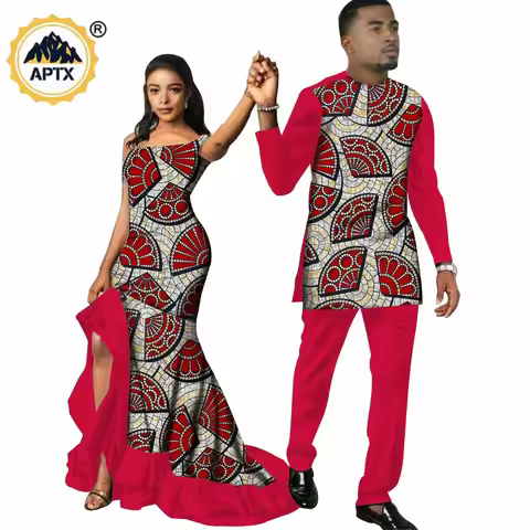 Dashiki African Print Mermaid Dresses for Women Matching Men Outfits Kaftan Top and Pant Sets Bazin 