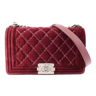 CHANEL 天鵝絨Boy 25銀扣鏈帶肩背袋