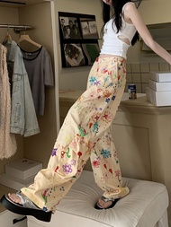 IEF women pants Y2K style high-waisted cargo pants European and American graffiti color casual cargo pants