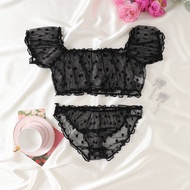 Women 2-Piece Lingerie Dot Embroidery Mesh Fancy Outfit Romantic Underwear Set Bra And Panty Sets