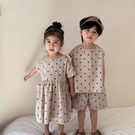 Children Summer Suit Boys 2025 Baby Summer Clothes Pure Cotton Polka Dot Girls Dress Sisters Sisters