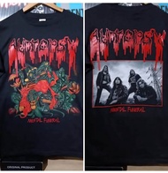 Kaos band AUTOPSY MENTAL FUNERAL dengan desain grafis di bagian depan dan belakang berwarna hitam de