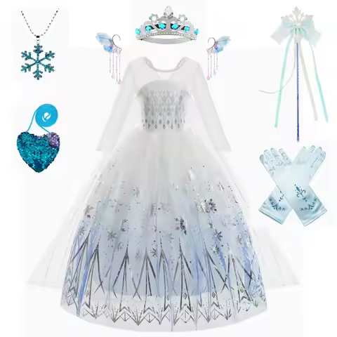 7pcs Princess Dress for Girl White Long Sleeved Lace Dress Festive Party Snow Queen Dress Long Sleev