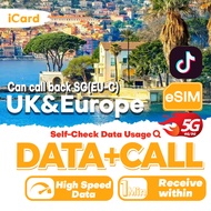 iCard eSIM_Europe & UK EU-A/C/F 5-30 Days 5G/4G Data + Europe Call + International Call* EU-C Can ca