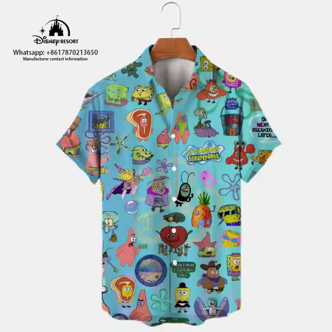 Harajuku Street SpongeBob SquarePants Anime New Summer Casual Shirt Trendy All-match Men's Lapel Sho