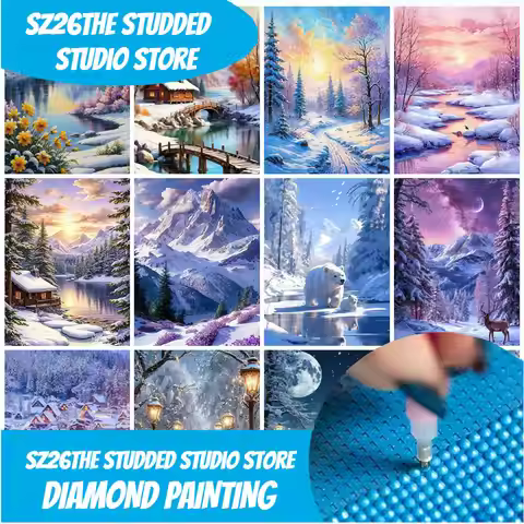 Sz26The Studded Full Square Round Drill Diamond Painting Kit Winter Mountain House Landscape Diamond
