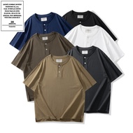 OKONKWO 250g heavyweight thick solid color short sleeved Henry collar T-shirt loose version Henry sh