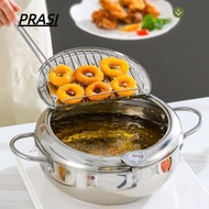 PRASI Deep Fryer Pot, with Lid Japanese Tempura Fryer Pan, Thickened Thermometer Oil Saving Stainles