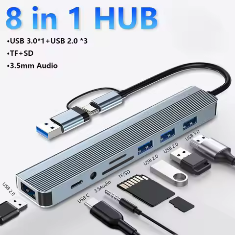8-in-1 USB A & USB C Hub, USB 3.0 5Gbps, 3× USB 2.0, SD TF Card Reader, 3.5mm Audio, Multiport Adapt