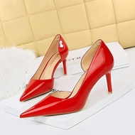 638-A5 Korean Fashion Simple Stiletto High Heel Glossy Patent Leather Shallow Mouth Pointed Toe Side
