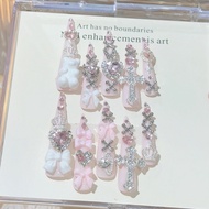 Pink Jirai Cute Handmade Press On Nails Shibuya Gyaru Bow Heart Cross Diamond Sparkling Fake Nails