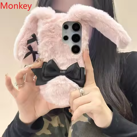 Cute Bow Fluffy Rabbit Ears Case For Xiaomi 14T 13T 12T 11T 10T 15 13 11 Redmi Note 9S 9A 9C 9T 10A 