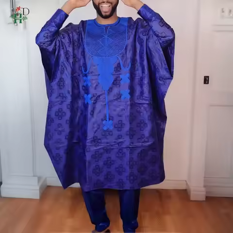 H&D African Clothing Traditional 3PCS African Outfit For Man Blue Bazin Riche Agbada Embroidered Wed