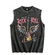 Rock N Roll Winged Guitar Printed Vintage Washed Vest, Rock Guy Print Fashionable Fitness