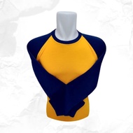 Kaos Polos Raglan Lengan Panjang Warna Kuning Kunyit Kombinasi Biru Navy