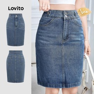 (New Arrival) Lovito Casual Denim Skirts Pocket Button Spring/summer Blue Denim Skirts for Women L19