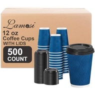 Lamosi Coffee Cups with Lids 12 oz 50 Pack, Disposable To Go Cups with Lid | Paper Insulated Corruga