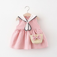 Summer New Girl's Dress Sweet Navy Collar Sleeveless Plaid Simple Princess Dress Suitable for 0-3 Ye