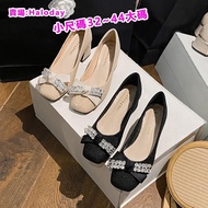 Small Size (32-44) High Heels Women Autumn Square Toe Shallow Mouth Rhinestone Bow Thick Heel Shoes 