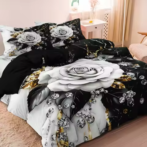 3pcs 3D Featuring Black and White Rose Crystal Diamond Art Patterns Duvet Cover Set,Soft Comfortable