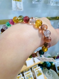 天然老礦明色碧璽水晶手珠6.5mm13.5g旺夫石電氣石藍綠灰西柚色