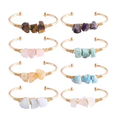 Open Cuff Bracelet Healing Crystal Brass Wire Wrap Amethysts Bead Bracelets Bohemia Healing crystal 