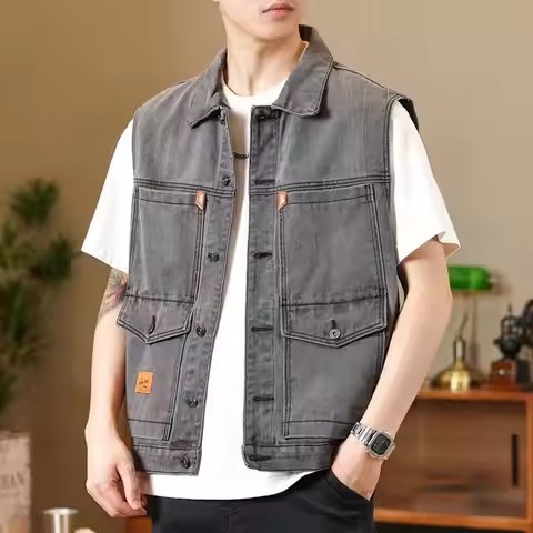 Spring and Autumn Retro Cowboy Jacket Loose Pocket Versatile Trendy Top Sleeveless Workwear Vest Sho