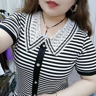 t shirt woman blouse Foreign style age-reducing lace doll collar striped short sleeve t-shirt women's summer new Korean version slim and versatile top women