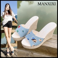 MANXIXI Fashion Women Wedge Heels 3.93 Inches Beautiful Denim Pattern Sandals (Size 35-42)