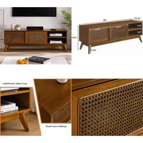 59 inch mid century modern tv stand with rattan doors, entertainment center media console for 55/60/