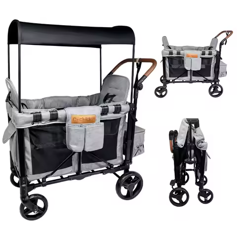 Foldable Baby Stroller 2 Seats，Multi-Function Outdoor Camping Wagon with Removable Canopy，Over 6 Mon