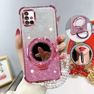 Glitter Four-Corner Shockproof Phone Case with Mirror Stand Beaded Strap For Samsung Galaxy A71 A 71