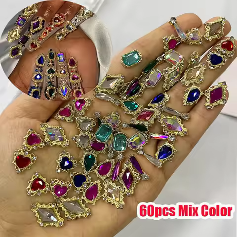60pcs Luxury 3D Crystal Nail Art Rhinestones Mixed Designs Alloy Gem Charms for Acrylic Nails Shiny